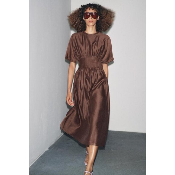 ZARA PLEATED WAIST KNIT DRESS WITH MATCHING DETAIL - Picture 2 of 7